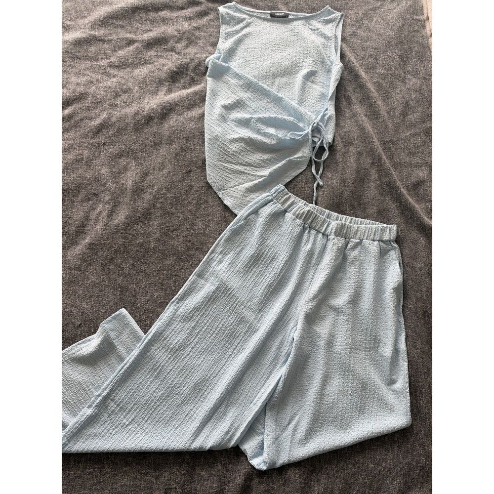 Cider Sky Blue Two Piece Asymmetrical Outfit Boat Neck Wide Leg Pants Size L